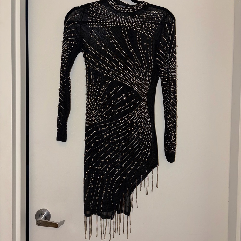 Really Short and see through black dress and with pearls and crystals